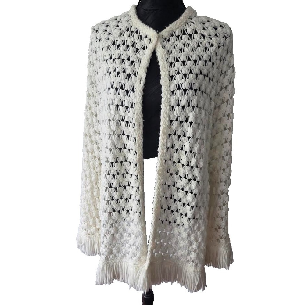 TRUE VINTAGE Crochet Fringe Knit Poncho Cape Festival Boho 70s Sz Unmarked